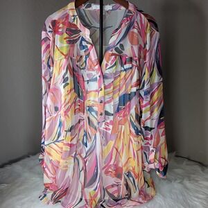 JUNIPER + LIME size 1X Multicolor Print Stretch Mesh Pintuck Popover Blouse Top
